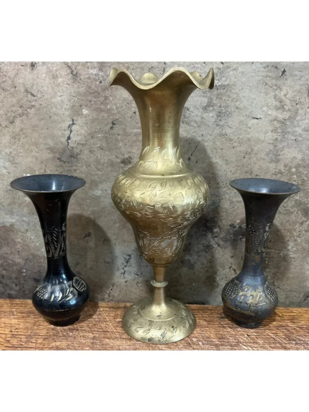 Lot Of 3 Vintage Brass Engraved Decorative Vases With Floral Patterns
